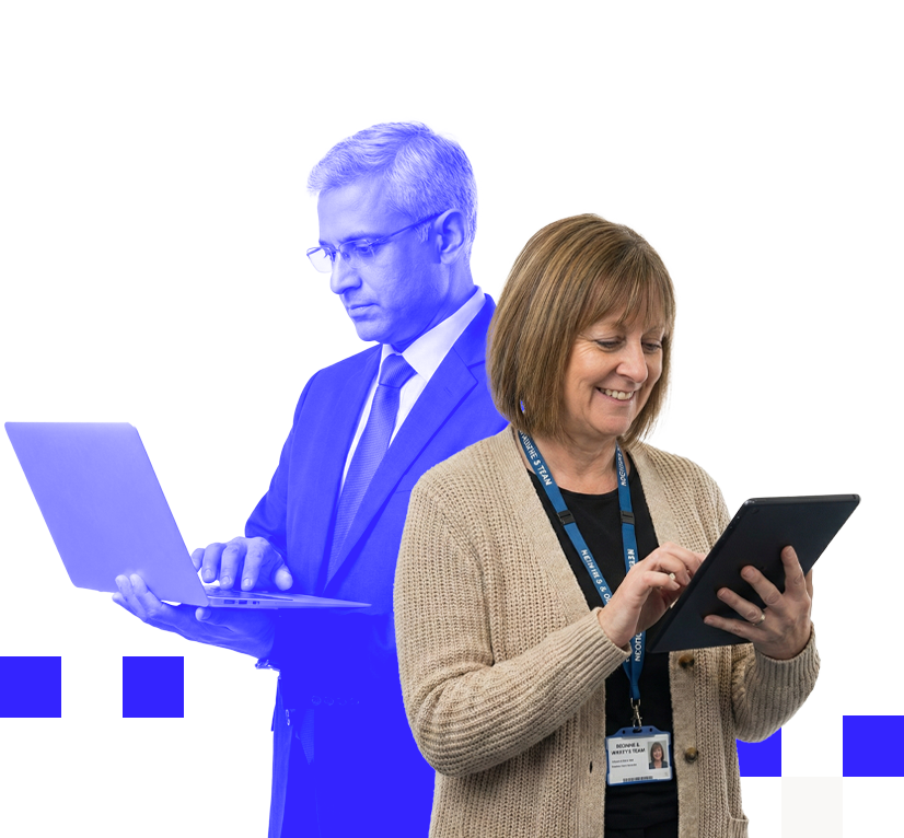 Smiling woman with a staff badge using a tablet and a business man in a blue overlay working on a laptop.