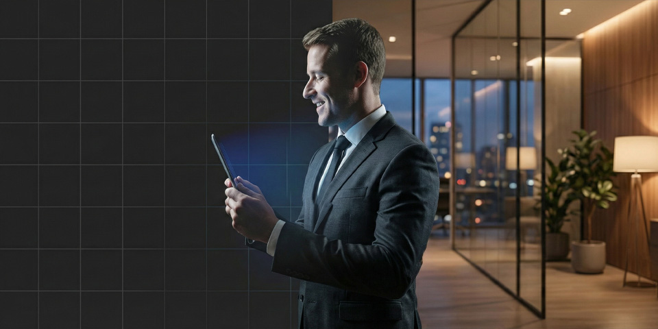Smiling businessman in a suit using a tablet with a city view in the background.