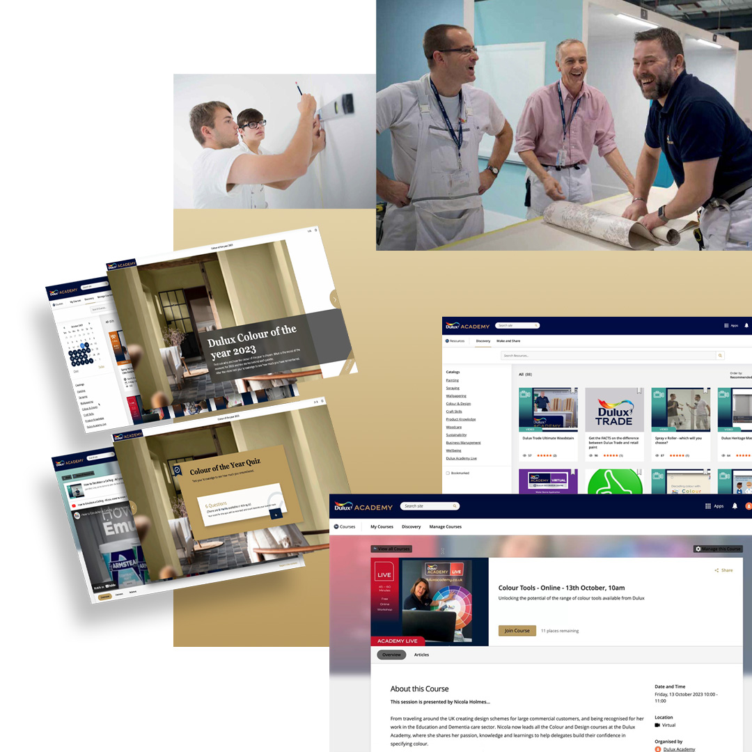 Collage showing people measuring walls and discussing wallpaper, along with screenshots of Dulux Academy online course pages about colour tools and quizzes.