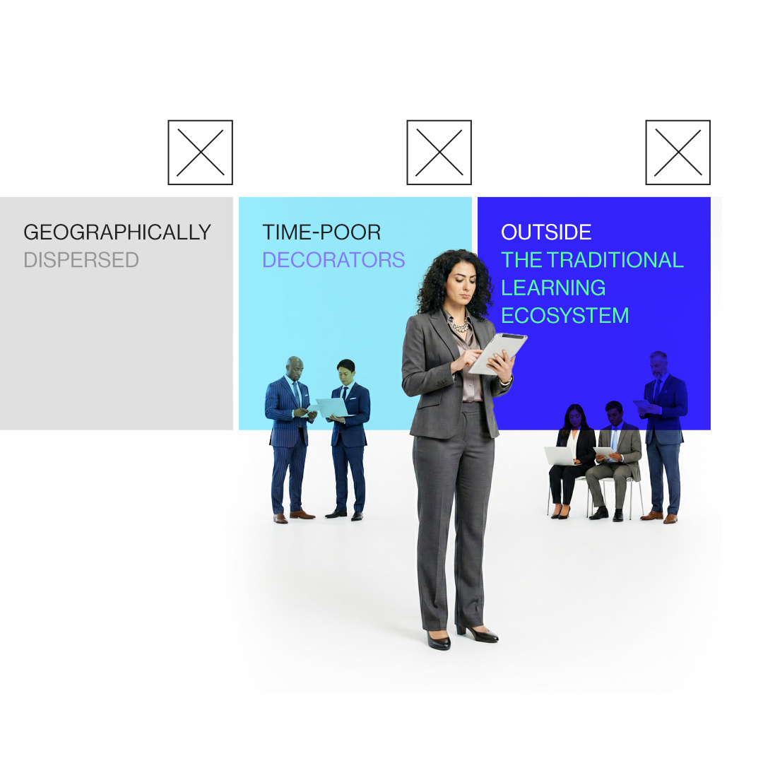 Businesswoman in gray suit using a digital tablet, with groups of professionals and overlaid text blocks labeled Geographically Dispersed, Time-Poor Decorators, and Outside the Traditional Learning Ecosystem.