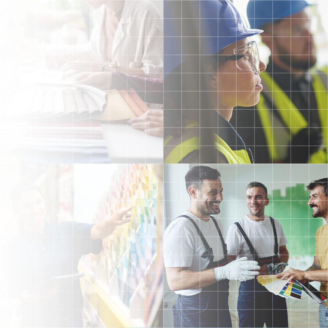 Collage of professionals in construction and design, including a woman in a blue hard hat, a person pointing at color swatches, and three men discussing paint samples.