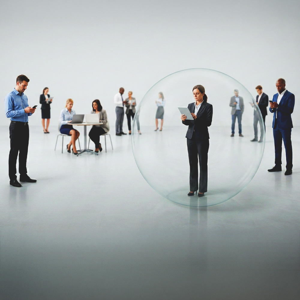 Businesswoman standing inside a transparent protective bubble while using a digital tablet, surrounded by other professionals.