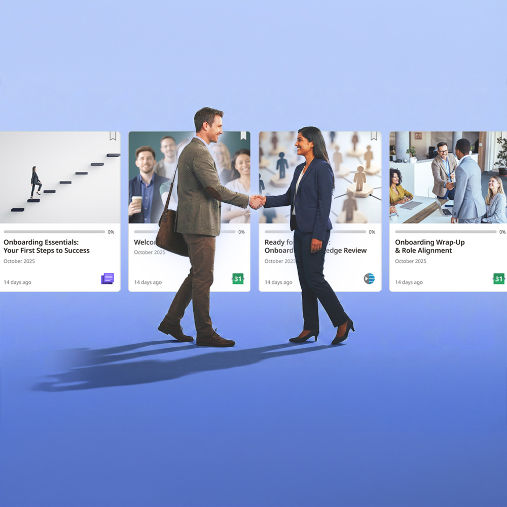 A man and a woman in business attire shaking hands in front of illustrated onboarding training cards titled 'Onboarding Essentials: Your First Steps to Success,' 'Welcome,' 'Ready for Onboarding Knowledge Review,' and 'Onboarding Wrap-Up & Role Alignment.'