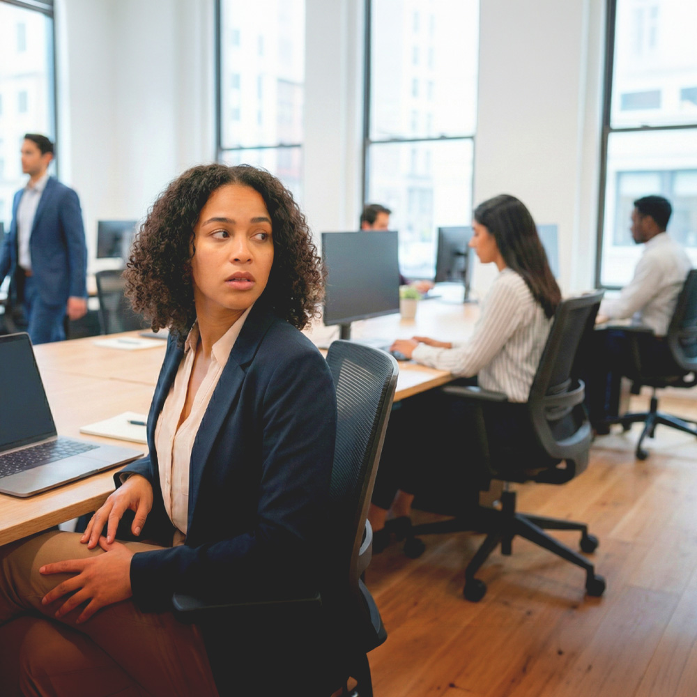 A woman with curly hair in business attire sitting at an office desk, looking to her left, with coworkers working at computers in the background.
