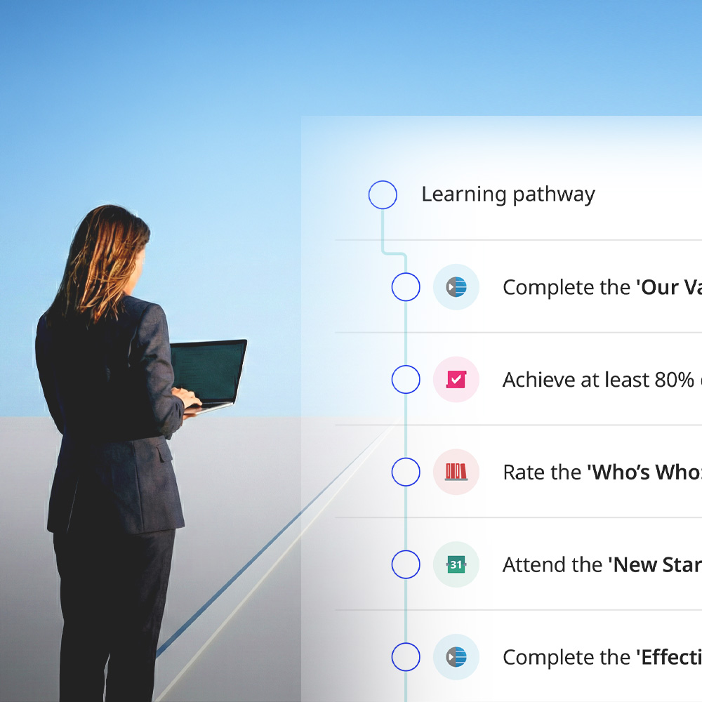 Businesswoman in a dark suit holding a laptop, with a semi-transparent overlay showing a learning pathway checklist with progress icons.