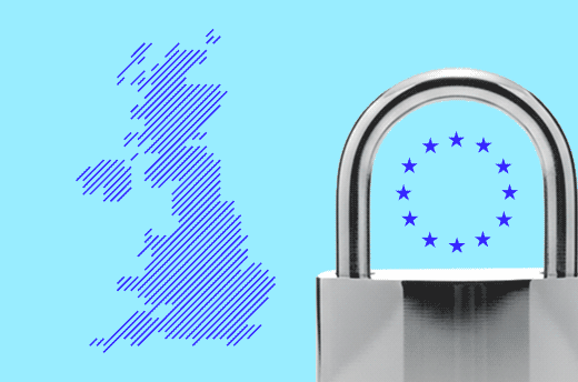 Illustration of a blue outlined United Kingdom map next to a silver padlock with the European Union stars inside the lock shank.