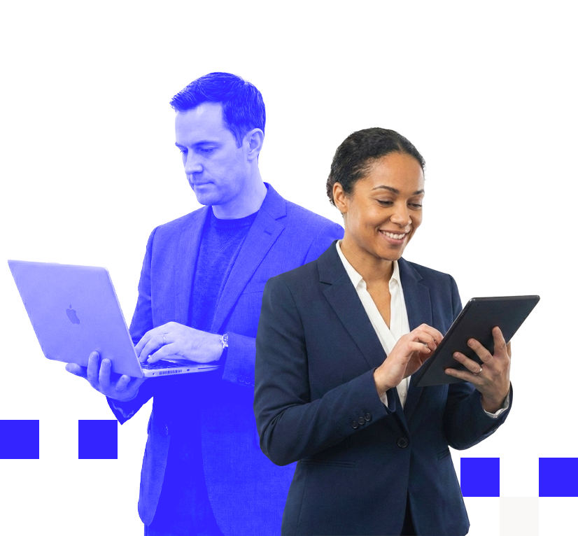 A smiling woman in business attire using a tablet, with a semi-transparent man in business attire working on a laptop behind her.