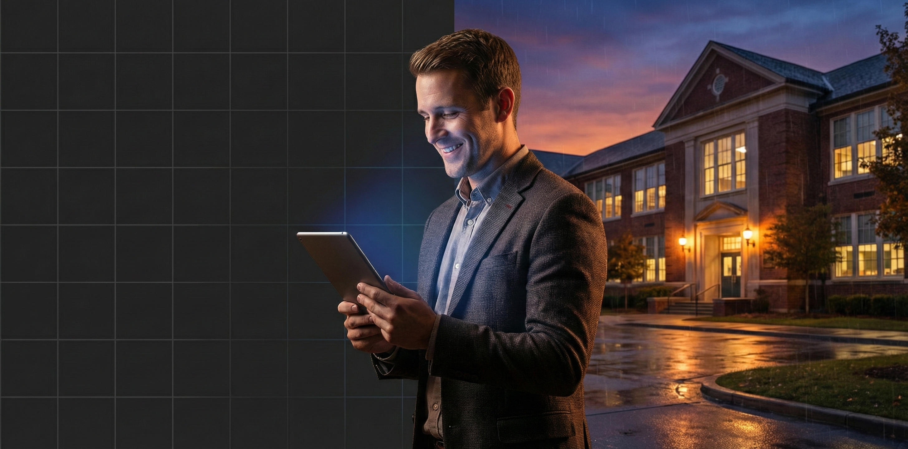 Man in a blazer smiling while using a tablet outside a lit school building at dusk with wet pavement.