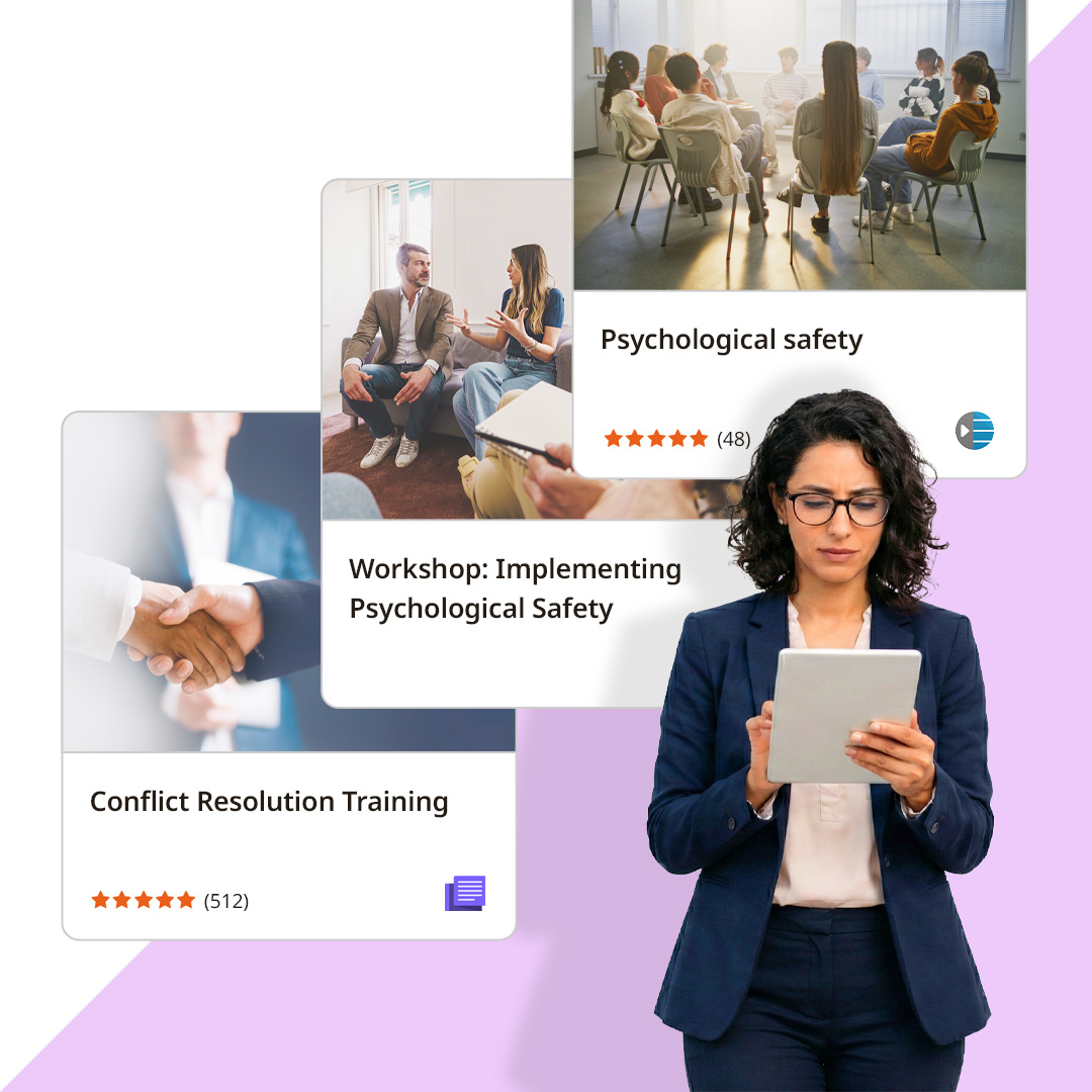 Woman in business attire using a tablet with layered cards showing conflict resolution training, a workshop on psychological safety, and a group discussion.