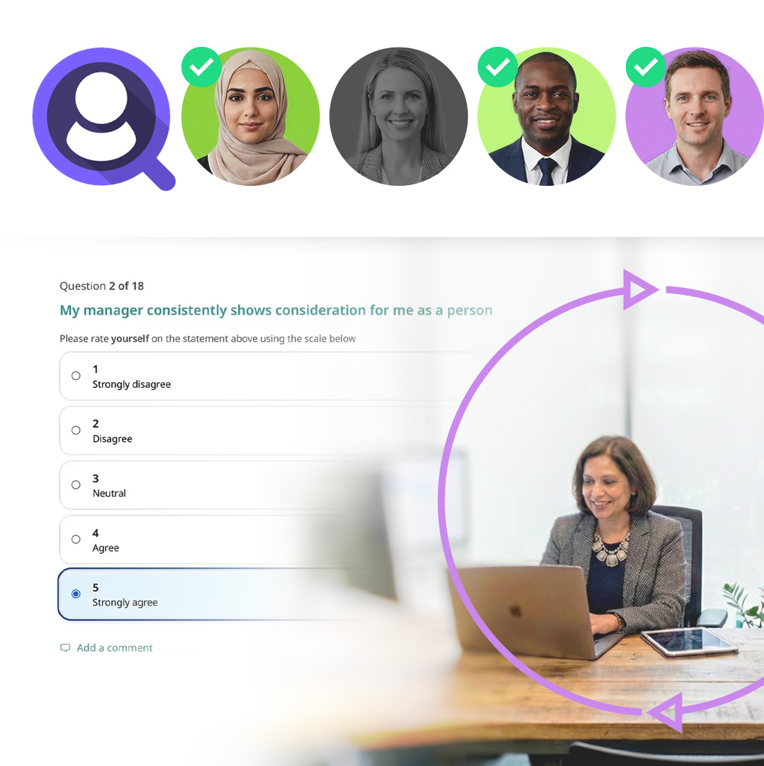Survey question on manager consideration with response options, alongside a photo of a woman working on a laptop at a desk.