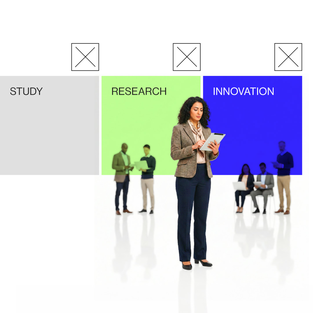Businesswoman using a digital tablet in front of a graphic with the words Study, Research, and Innovation with small groups of professionals in the background.