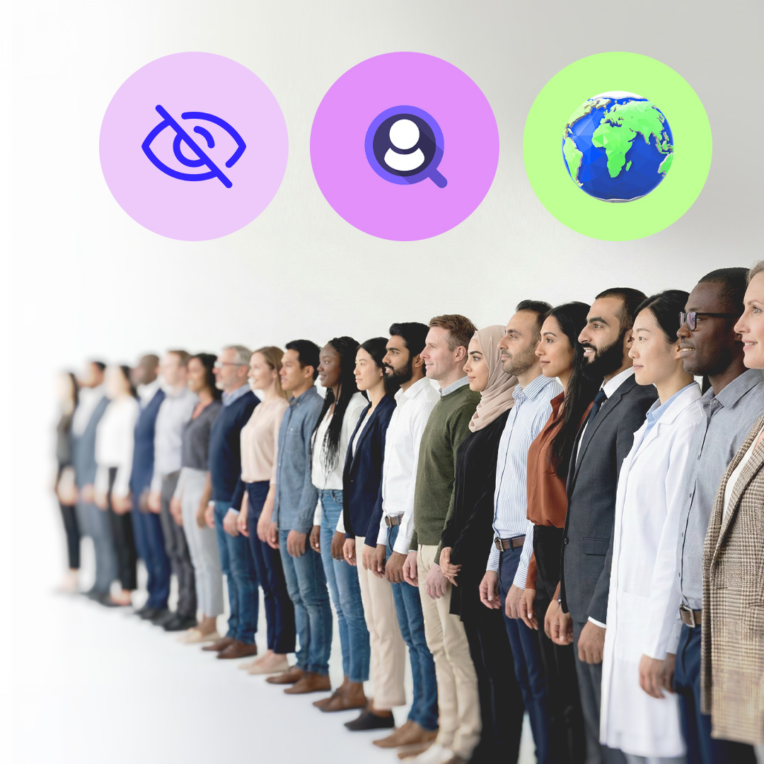 Diverse group of people standing in a line facing right with icons above representing privacy, user search, and a globe.