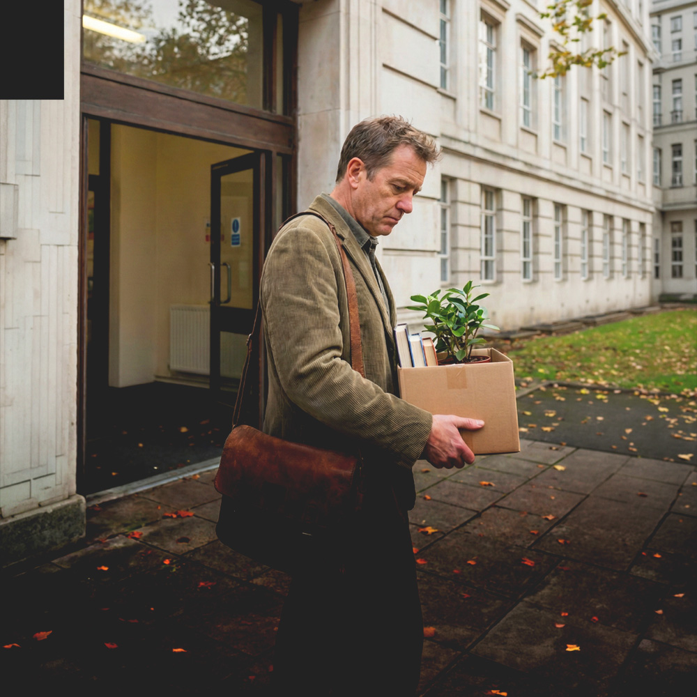 Man with a sad expression walking outside an office building carrying a cardboard box with personal items including a plant and books.