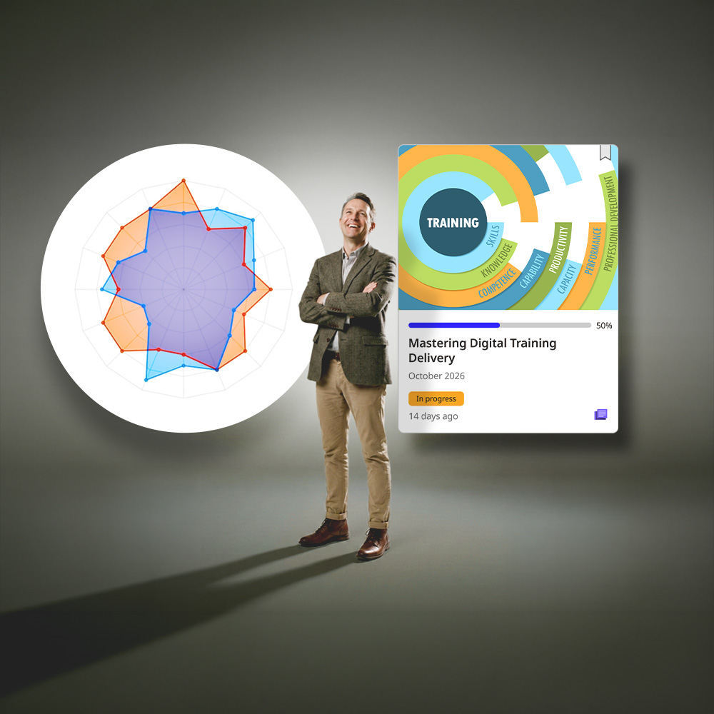 Man in business casual standing between a radar chart and a digital training progress card showing 50% completion of Mastering Digital Training Delivery.