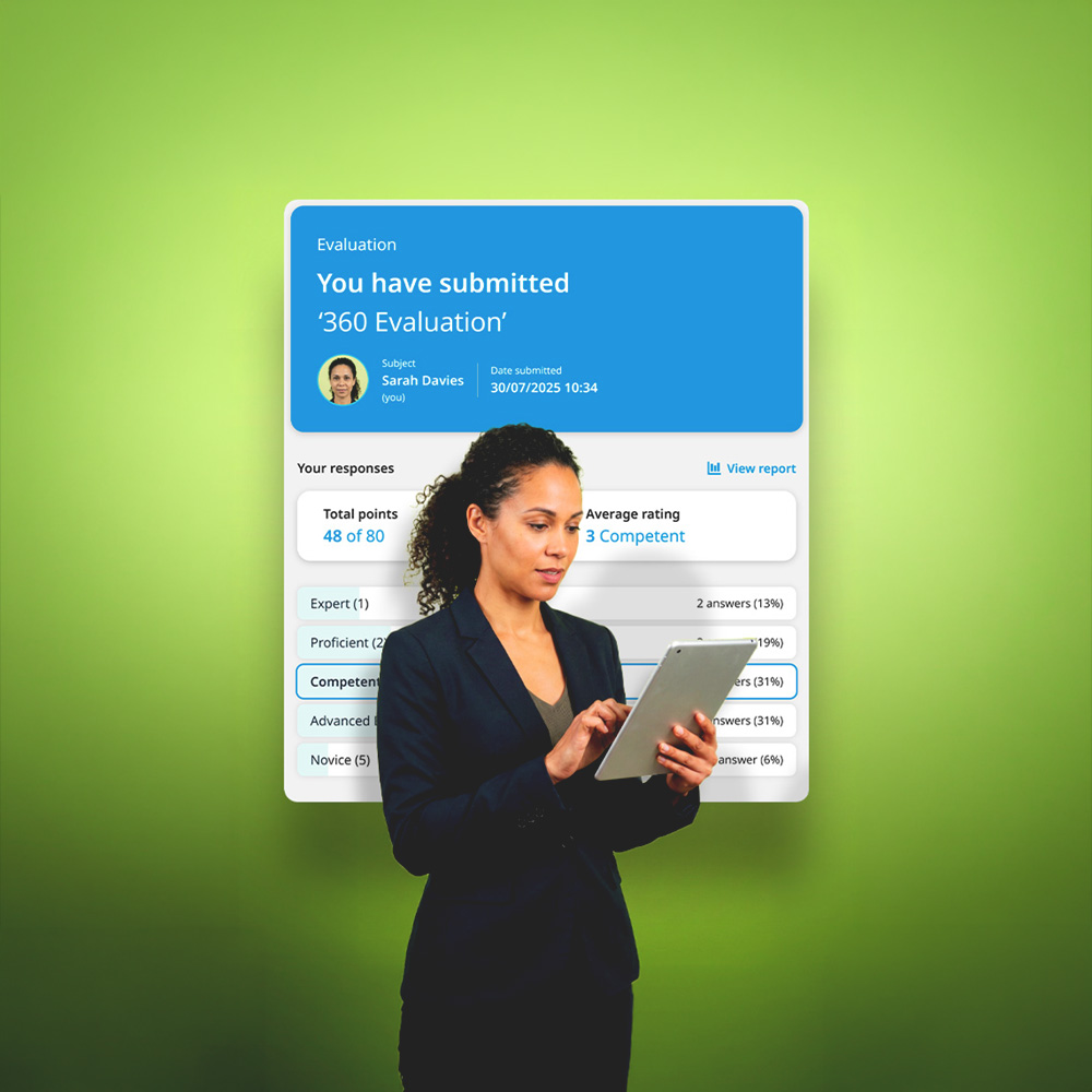 Businesswoman holding and interacting with a tablet in front of a 360 evaluation submission screen showing scores and ratings.