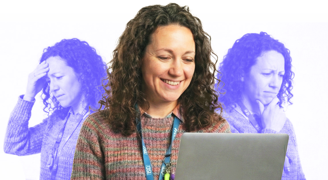 Smiling woman with curly hair looking at a laptop, with two blue-tinted images behind her showing her looking worried and contemplative.