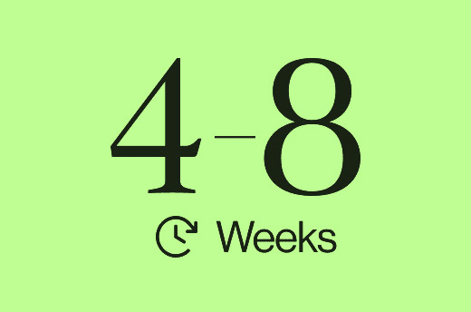 Text showing a time range of 4-8 weeks with a clock icon on a light green background.