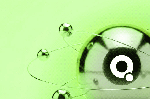 Animated molecular structure with orbiting metallic spheres against a green background, featuring a circular logo in the center.