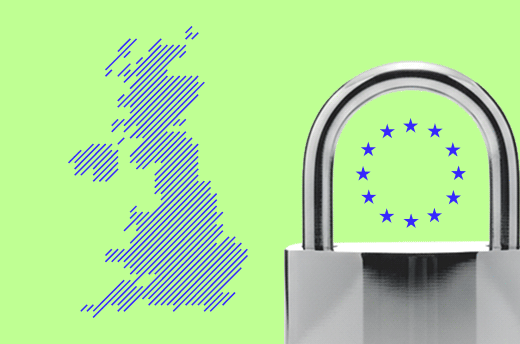 Illustration of a striped map of the United Kingdom beside a locked padlock with the EU stars emblem inside.