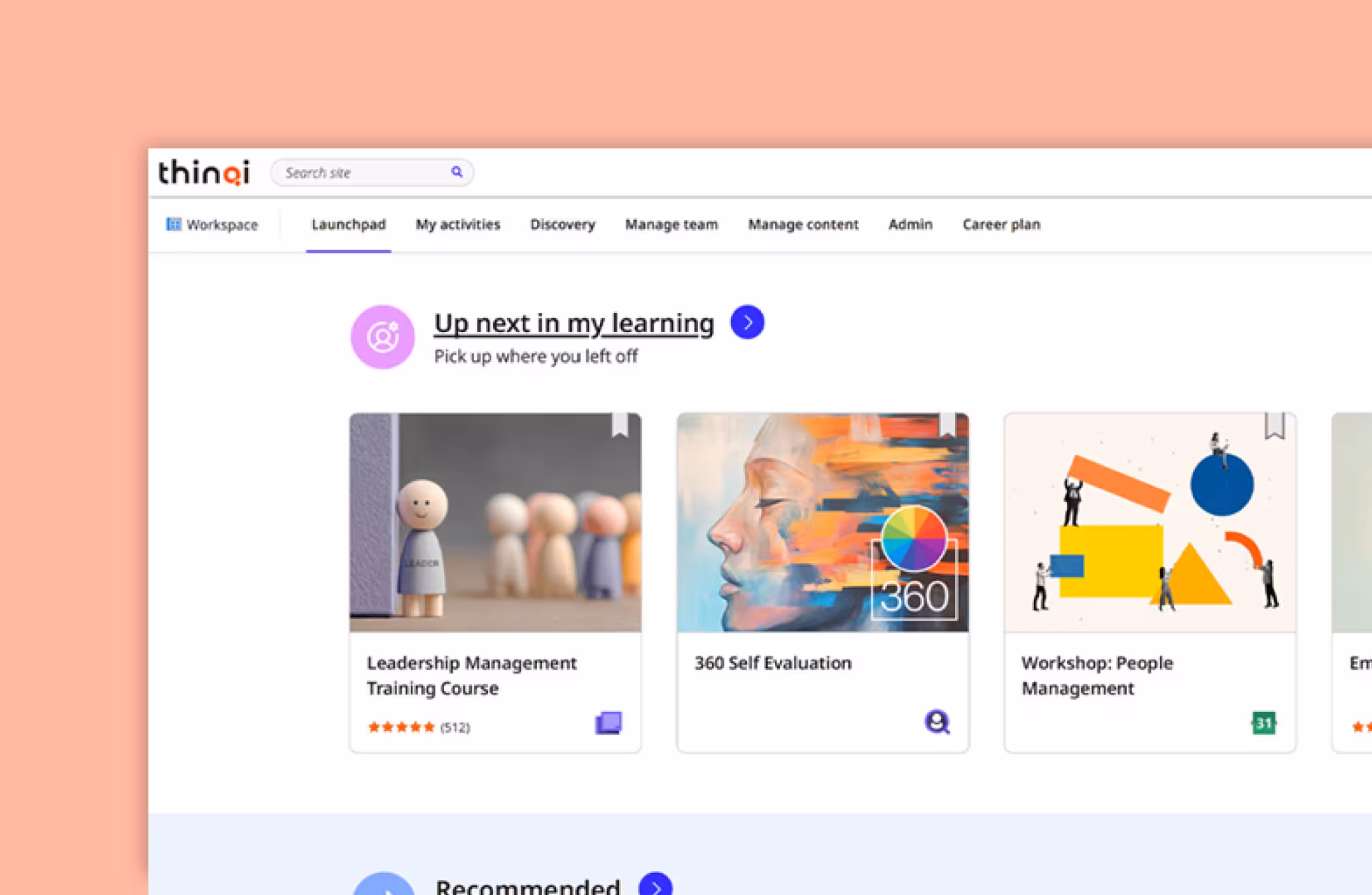 Online learning dashboard showing courses like Leadership Management Training, 360 Self Evaluation, and People Management Workshop.