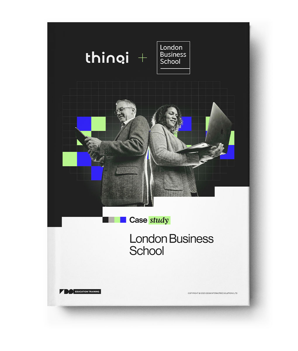 Cover of a case study book featuring two professionals using digital devices, with logos of thinqi and London Business School.