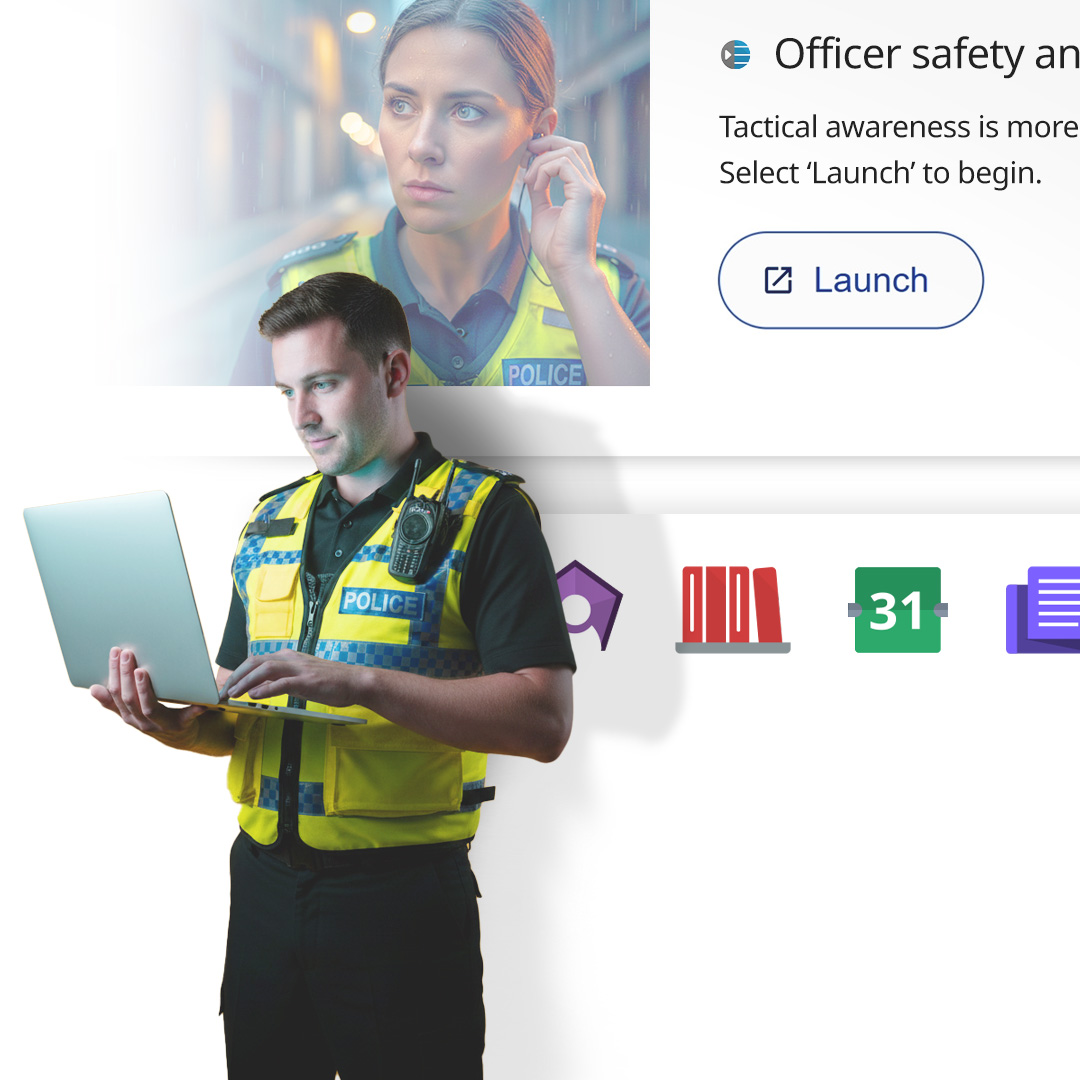 Male police officer wearing a yellow high-visibility vest using a laptop with a background image of a female police officer wearing an earpiece.