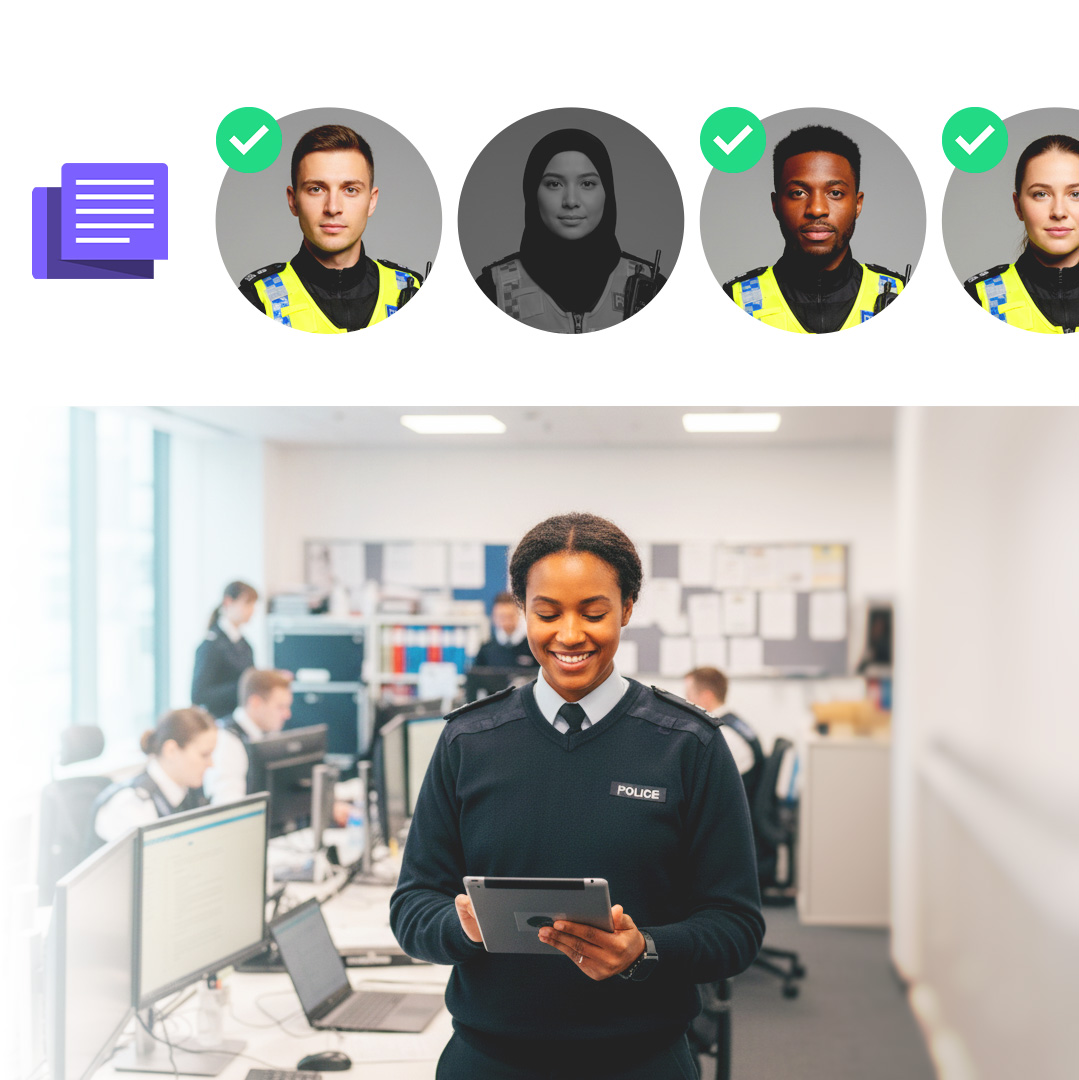 Smiling policewoman in uniform holding a tablet in a busy office with colleagues working at computers in the background.