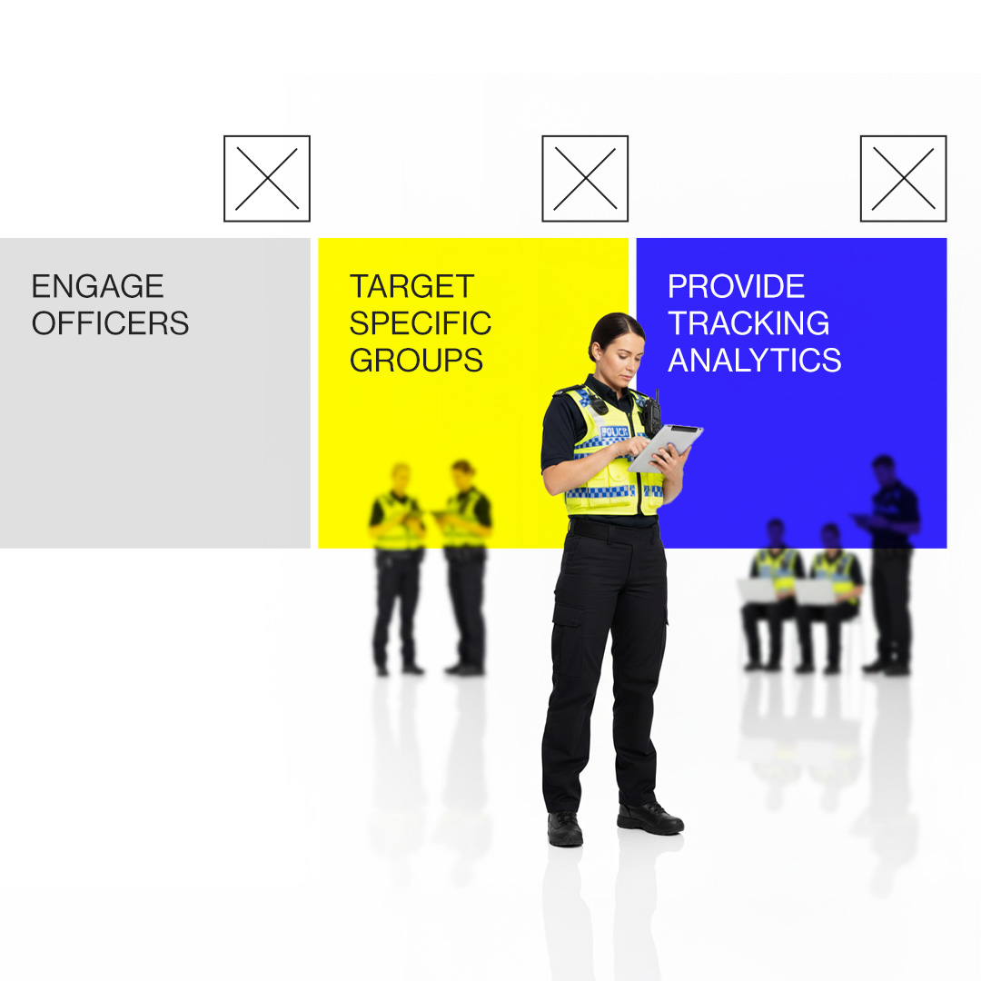 Female police officer in uniform using a tablet in front of colored panels with text: Engage Officers, Target Specific Groups, Provide Tracking Analytics.