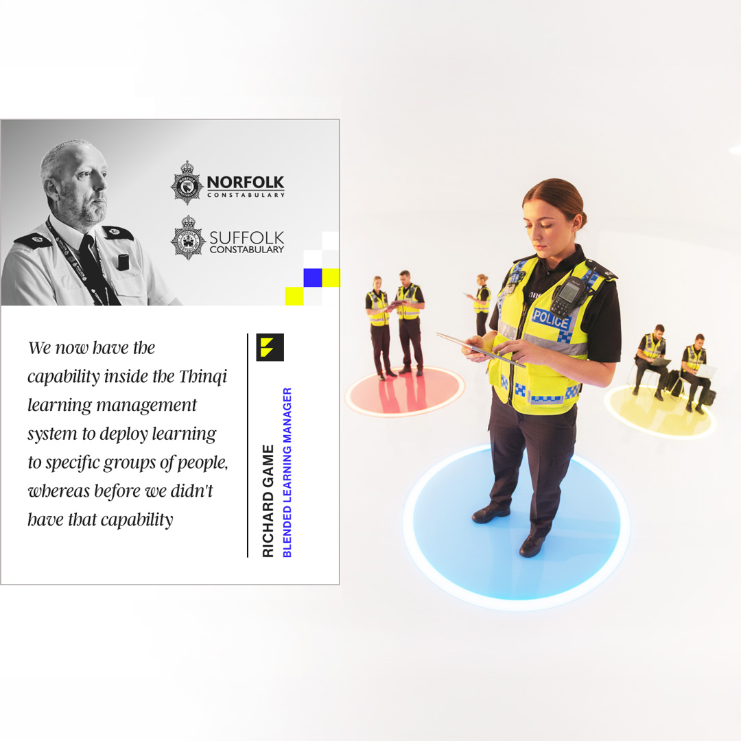 Police officers in uniform using digital devices, standing or sitting in color-coded circles, with a quote about Thinqi learning management system capability.