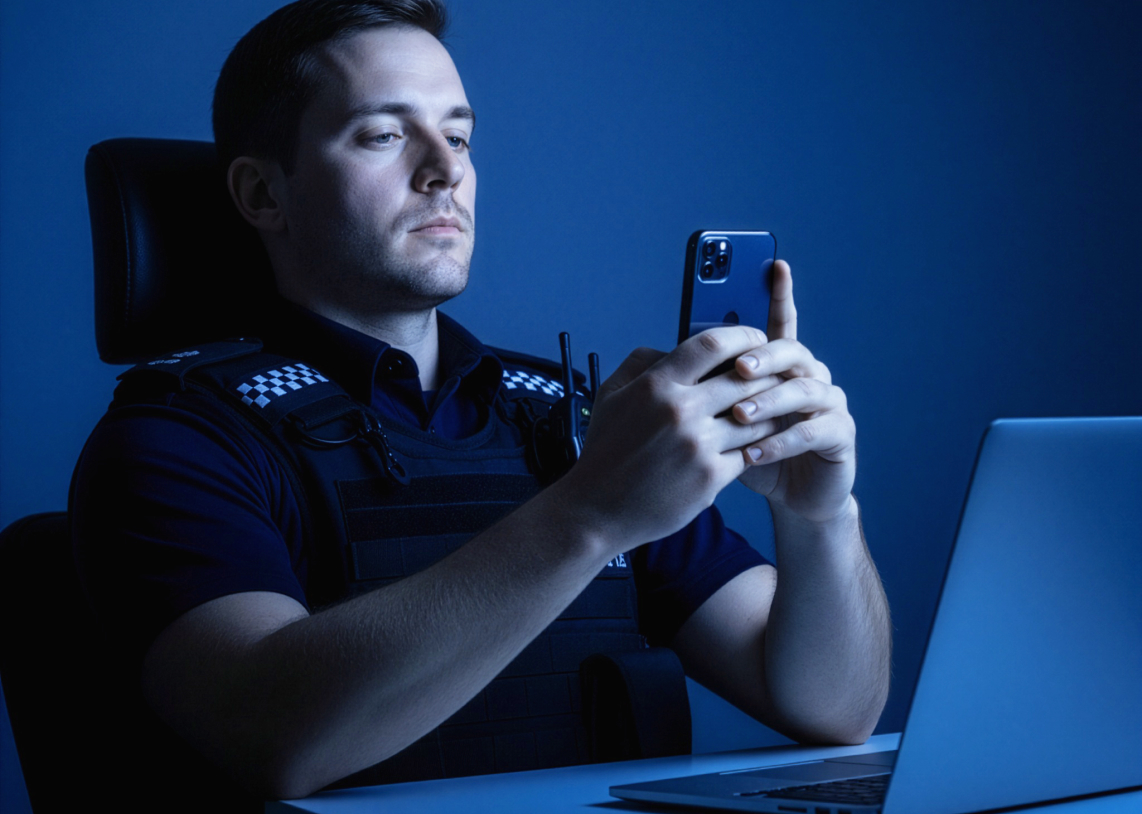 Uniformed police officer sitting at desk, looking at smartphone with a laptop in front of him in a dimly lit room.