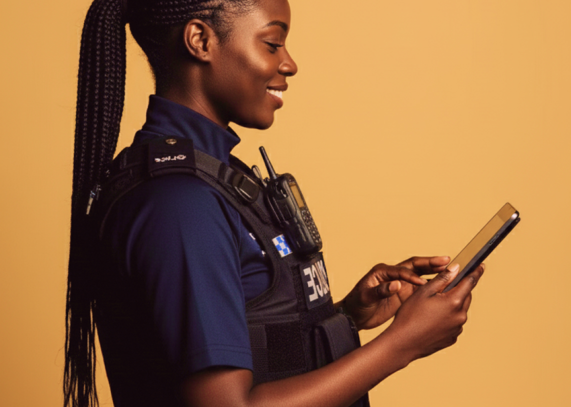 Smiling female police officer with long braids using a tablet against a beige background.