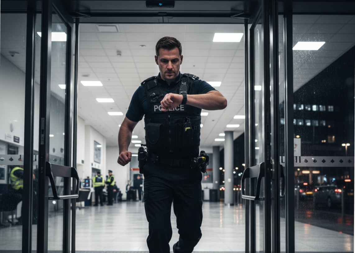 Police officer running indoors while looking at his wristwatch.