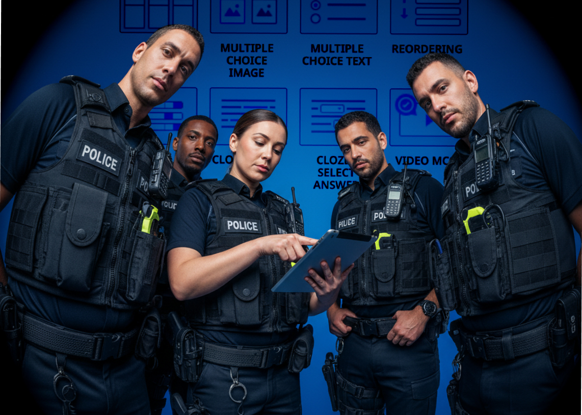 Five police officers in tactical vests looking at a tablet, standing against a blue background with text and icons.