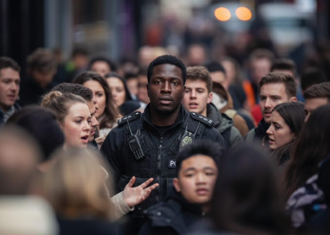 Police officer standing in a crowded street surrounded by people.