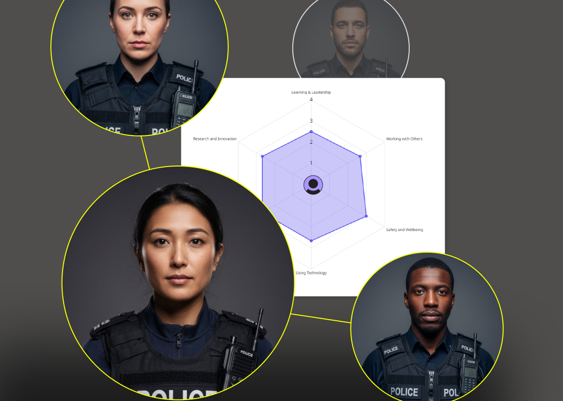 Radar chart displaying skills in learning and leadership, working with others, safety and wellbeing, using technology, and research and innovation, surrounded by portraits of three diverse police officers.