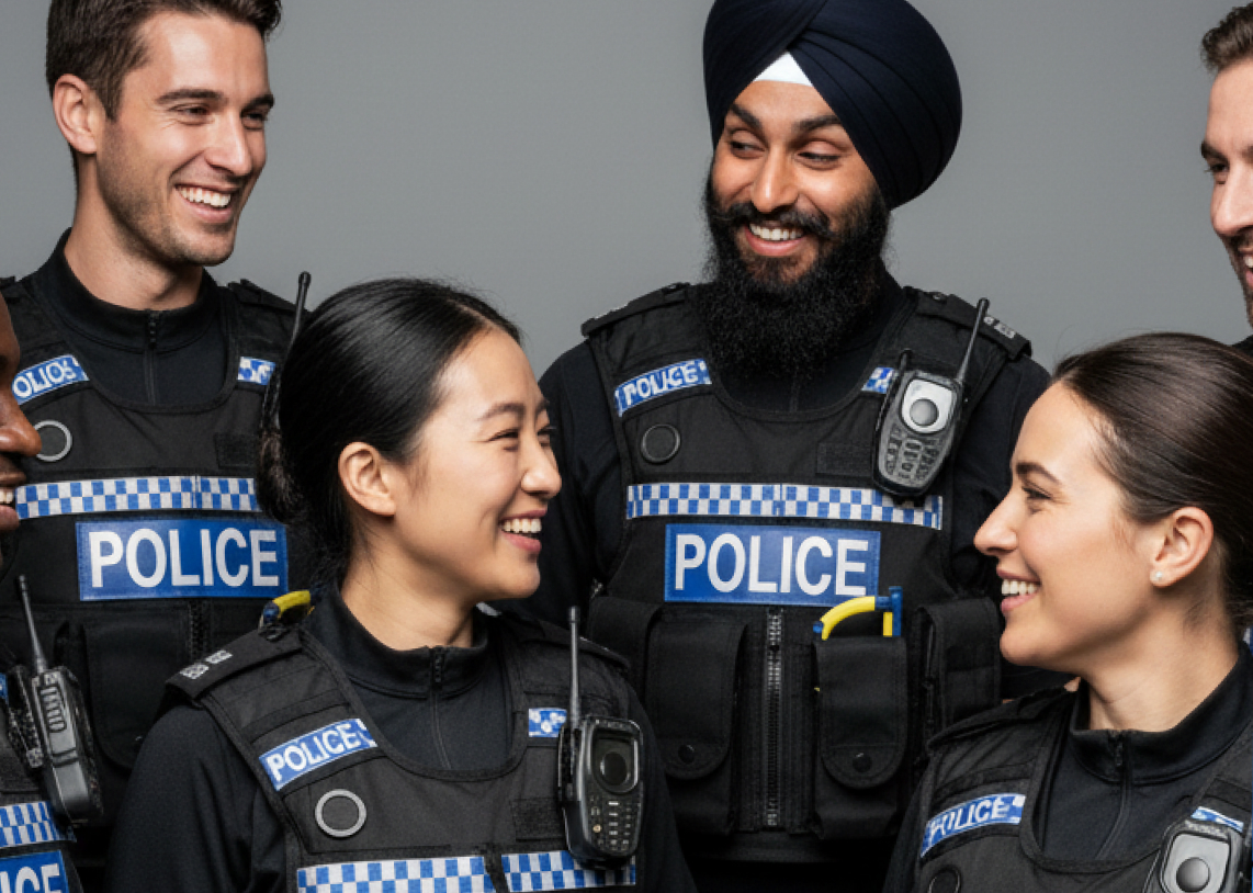 Group of diverse police officers smiling and interacting with each other, wearing black uniforms and police vests.