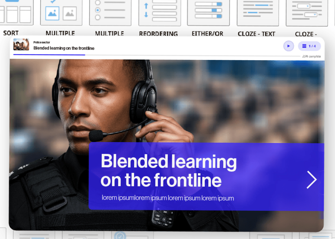 Police officer wearing a headset with microphone, with text overlay 'Blended learning on the frontline.'