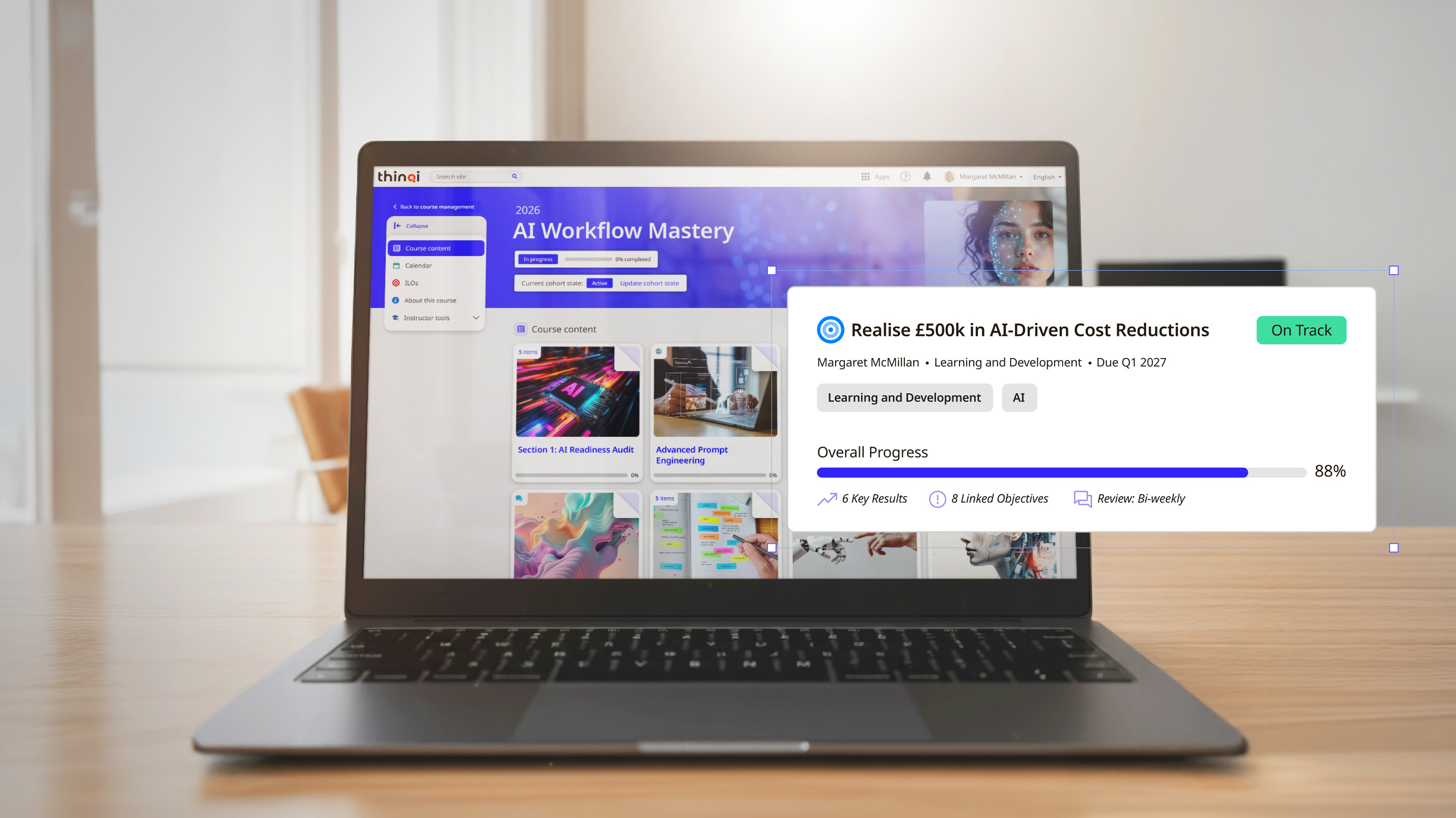 Laptop on wooden desk displaying '2026 AI Workflow Mastery' course interface with progress details highlighting realization of £500k AI-driven cost reductions at 88% completion.