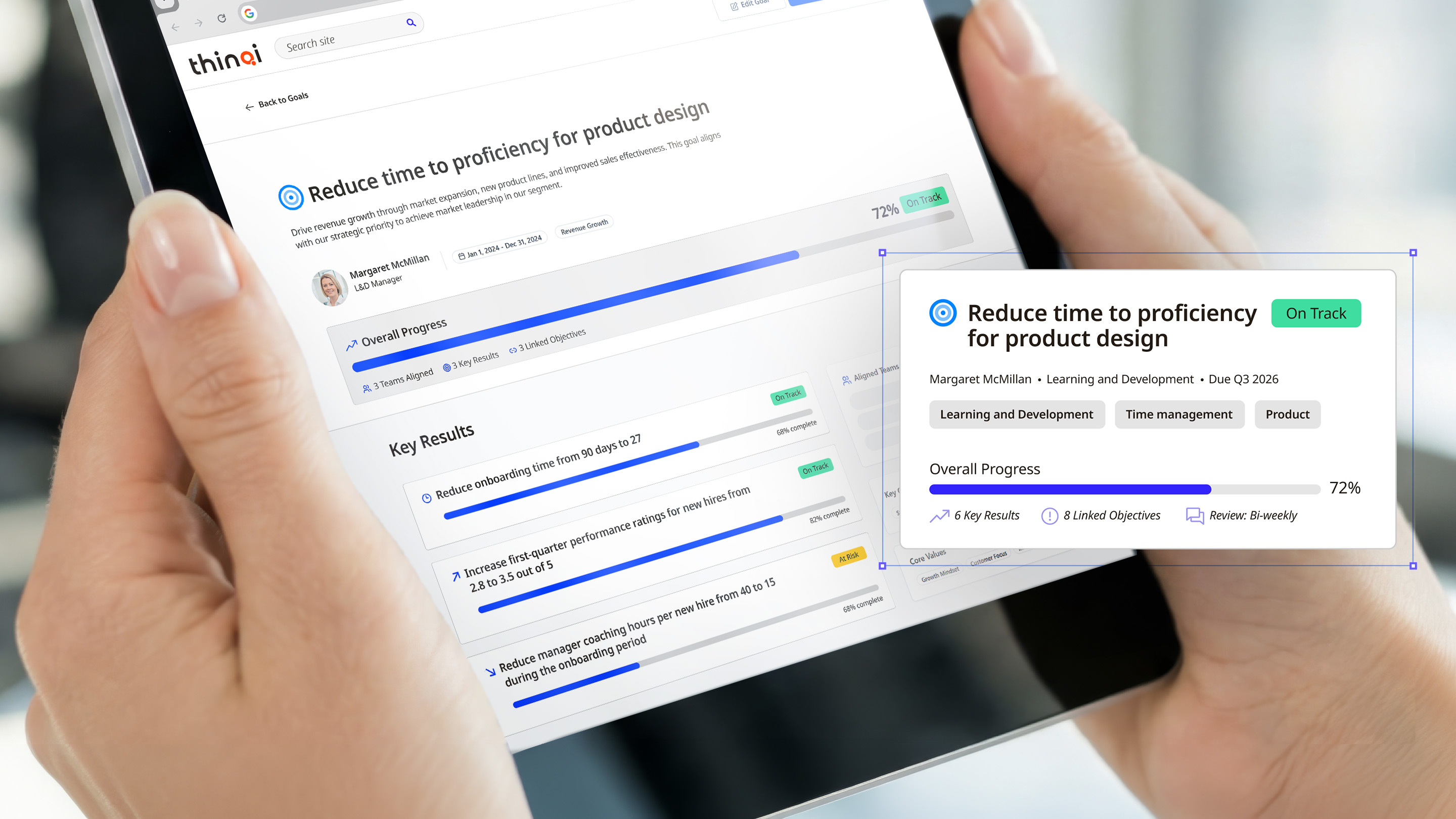 Tablet screen showing a progress dashboard for reducing time to proficiency for product design, with progress bars and key results indicating 72% completion.