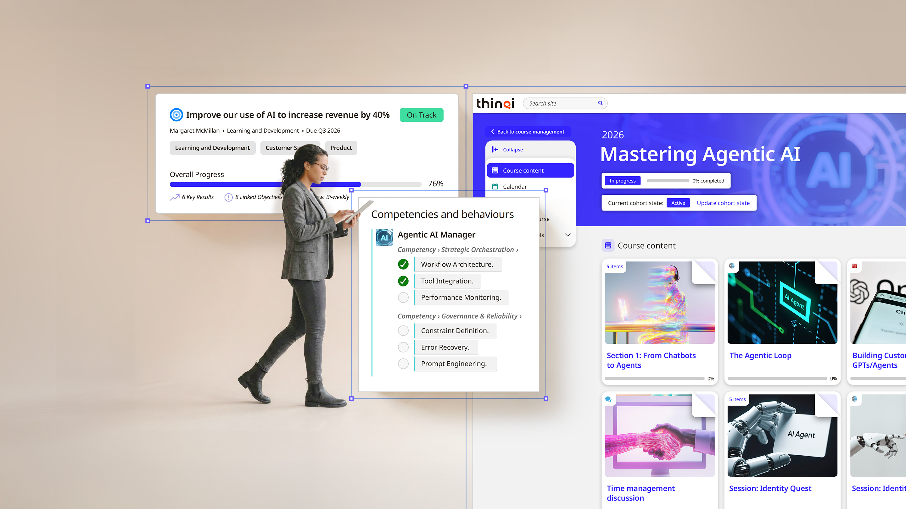 Person interacting with digital interface showing AI-driven progress tracker, competencies checklist, and course content for mastering agentic AI in 2026.
