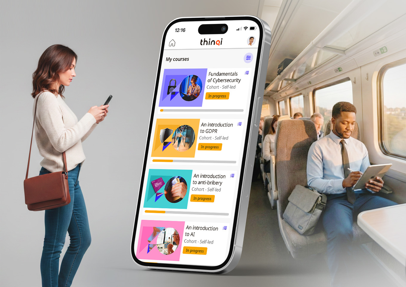 Woman standing and using a smartphone with an enlarged phone screen showing online courses including cybersecurity, GDPR, anti-bribery, and AI; man seated on a train using a tablet.