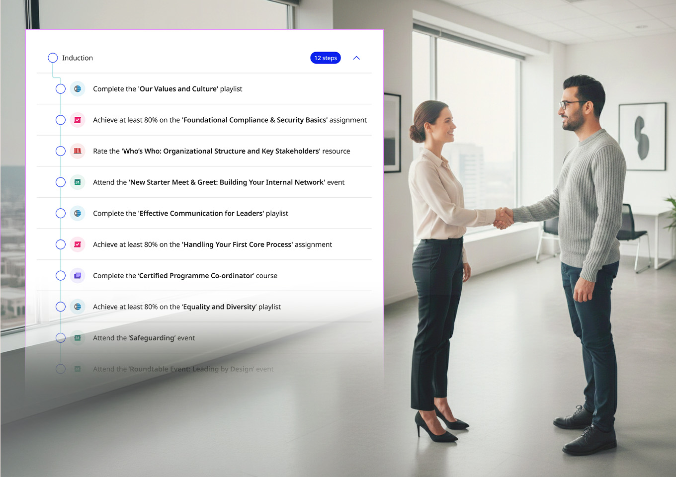 Two professionals shaking hands in an office with a digital onboarding checklist listing training and compliance tasks on the left.