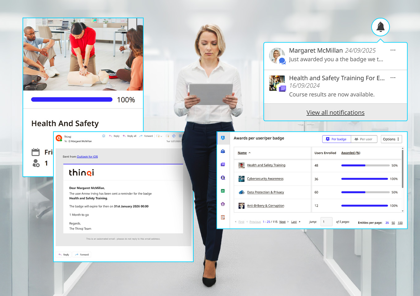 Woman standing in office hallway holding a tablet, with overlays showing health and safety training progress, email reminder, notification messages, and badge awards dashboard.