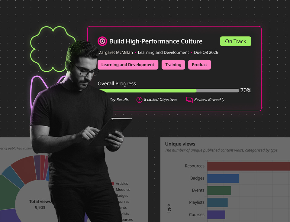 Man using a tablet with digital overlay showing a progress dashboard titled 'Build High-Performance Culture' at 70% completion and labeled On Track.