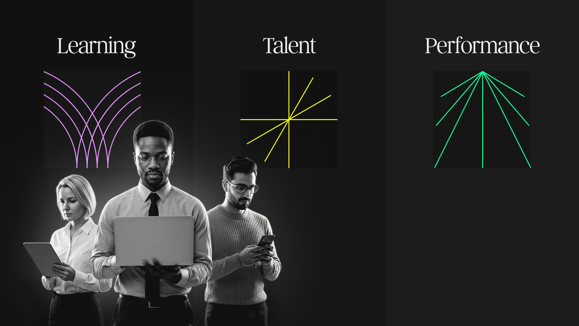 Three professionals using digital devices under the words Learning, Talent, and Performance with abstract line graphics above each word.