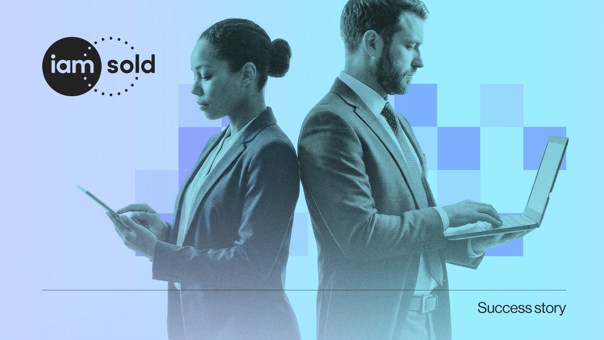 Businesswoman and businessman standing back-to-back using a tablet and a laptop respectively, with a blue pixel background and the text 'Success story'.