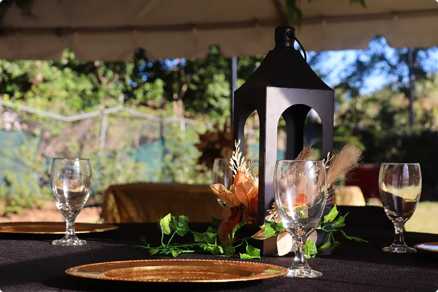 Outdoor table setting with empty wine glasses, gold plates, and a black lantern centerpiece decorated with greenery and dried flowers.