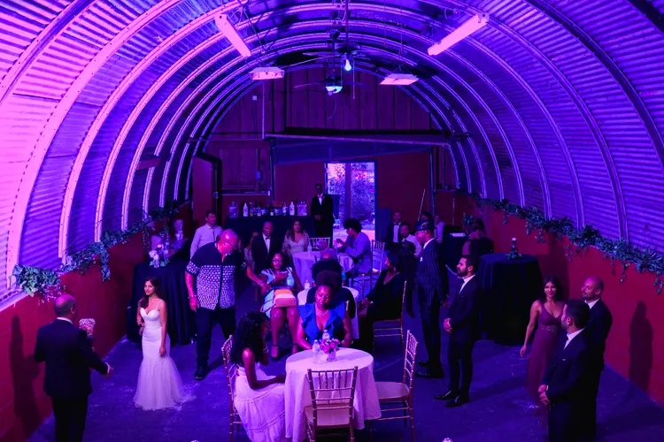 People dressed in formal attire socializing inside a curved, metallic-walled venue decorated with greenery and lit with purple lighting.