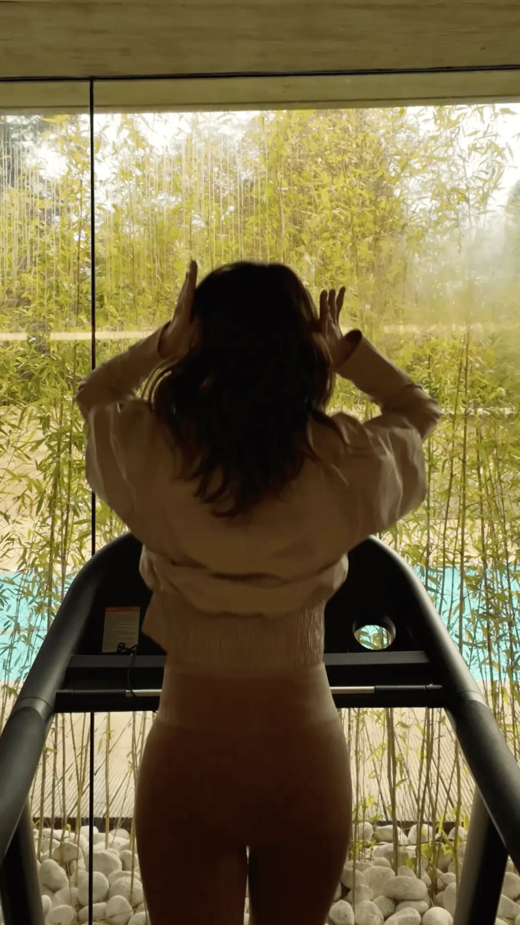 Person standing on a treadmill indoors facing a large window with plants and white stones outside.