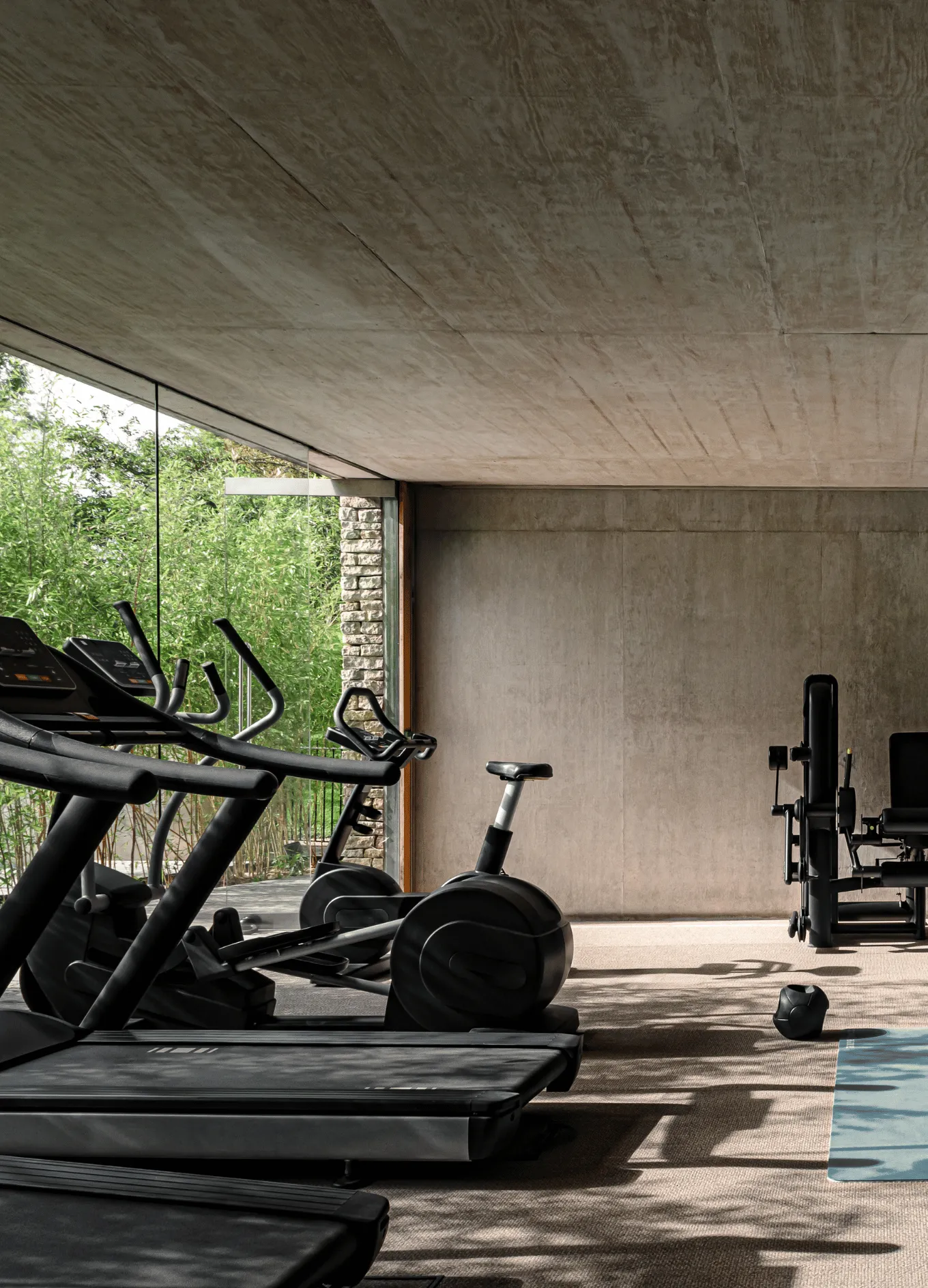 Modern gym with treadmills, stationary bikes, weight machines, and a yoga mat beside a window overlooking greenery.